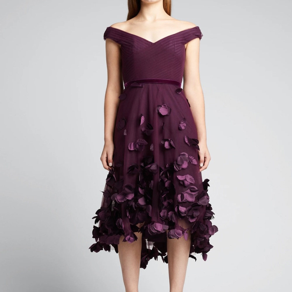 MARCHESA NOTTE Off-Shoulder High-Low Dress w/ 3D Flowers Size 8